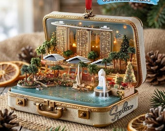 Singapore Landmark kofferornament, miniatuur kerstdecoratie van Marina Bay Sands, uniek cadeau voor reizigers