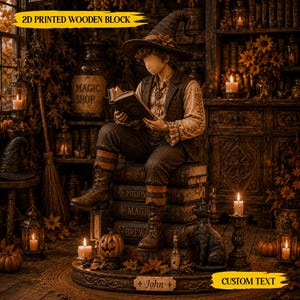 May include: A 2D printed wooden block featuring a figure in a pointed hat and vest sitting on a stack of books labeled Potion, Magic, and Brews. The figure holds an open book. A black cat, a pumpkin, and candles surround the base with the name John.