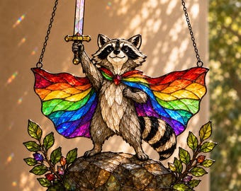 Majestueuze wasbeer-zonnevanger, namaak glas-in-lood regenboog Cape Warrior dierenkunst (hars/acryl)