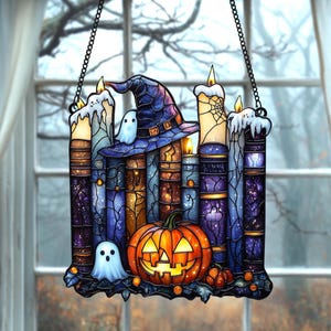 Haunted Bookshelf Ghost Acrylic Suncatcher – Faux Stained Glass Witch Hat Window Hanging With Spell Books, Jack O’Lantern And Cobweb Decor