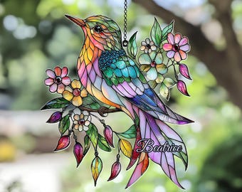 Personalized Hummingbird Suncatcher, Faux Stained Glass Bird with Flowers, Custom Name Window Hanging