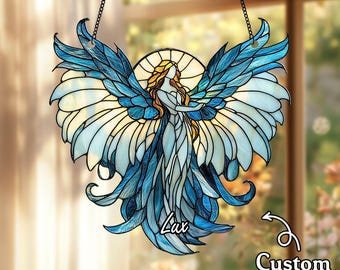 Custom Angel Stained Glass Window Hanging, Personalized Name Sign, Memorial Gift, Guardian Angel Decor