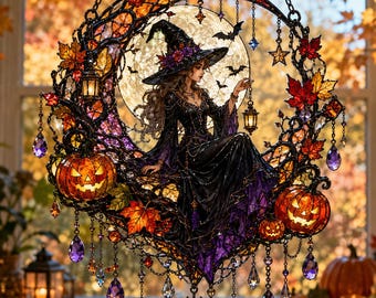 Heks op de Maan Raamhanger, Halloween Acryl Raamdecoratie, Nep Glas-in-lood Herfstdecoratie, Spookachtig Kristal Decoratie Cadeau