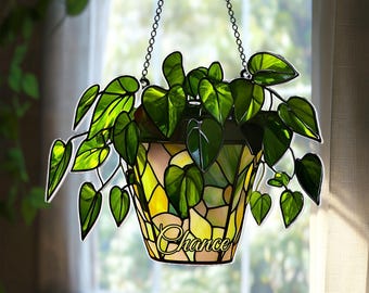 Personalized Acrylic Plant Hanger, Custom Name Window Hanging, Botanical Decor