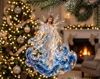 Gepersonaliseerd ornament van Jezus die over het water loopt, met kristaleffect, acryl, christelijke kerstboomversiering met oceaanmotief 2026