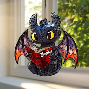 Baby Dragon Reading Acrylic Suncatcher – Faux Stained Glass Window Hanging