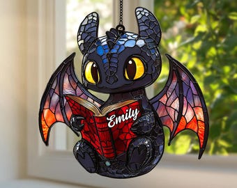 Baby Dragon Reading Acrylic Suncatcher – Faux Stained Glass Window Hanging