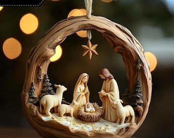 Heilige Familie Krippe 2D FLAT Ornament, rustikale Holz Weihnachtsdekoration mit Stern und Tieren Weihnachtsbaum Dekoration
