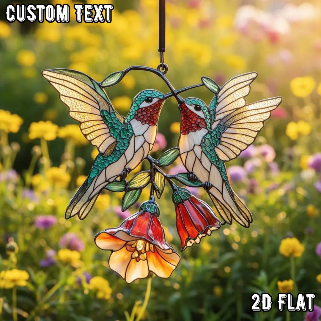 Hummingbird Resin Suncatcher, Faux Stained Glass Love Birds Art Decor ...
