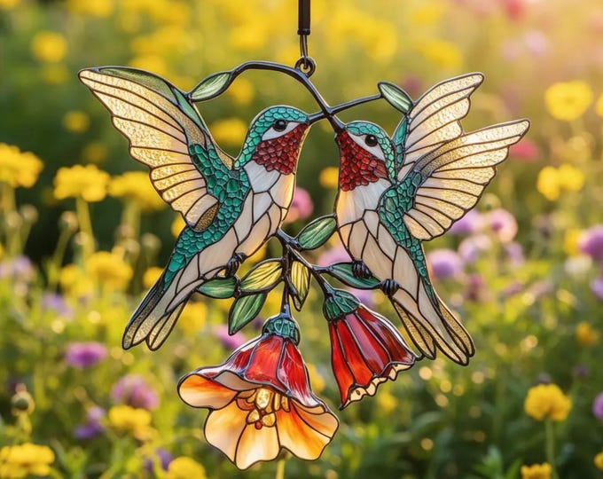 Hummingbird Resin Suncatcher, Faux Stained Glass Love Birds Art Decor