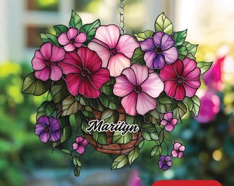 Atrapasueños de cesta de petunias – Adorno floral de imitación vidriera para ventana, decoración de jardín