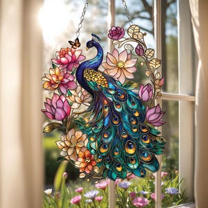 Floral Peacock Acrylic Suncatcher – Faux Stained Glass Window Hanging with Colorful Feathers, Butterflies, and Blossoms,Elegant Garden Decor