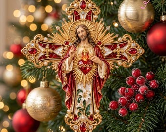 Gepersonaliseerd 3D-reliëfornament met het Heilig Hart van Jezus en een christelijk kruis, katholiek religieus kerstcadeau 2026