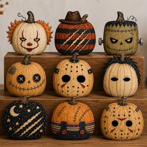 May include: A collection of nine decorative pumpkins featuring various horror-themed designs, including clown makeup, striped patterns, stitched faces, hockey masks, and celestial motifs, arranged in three rows on a tiered wooden display stand.