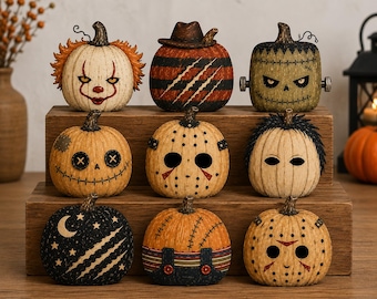 Halloween Horror Movie Pumpkin Decor Set, Spooky Character Wood Figures, Fall Home Decoration, Unique Goth Gift