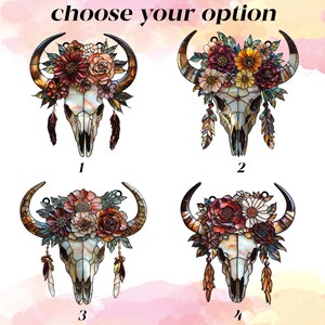 Floral Longhorn Skull Suncatcher - Boho Western Decor, Acrylic Window Hanging image 3