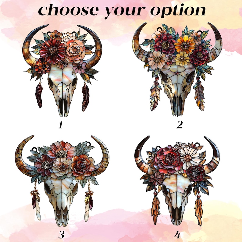 Floral Longhorn Skull Suncatcher - Boho Western Decor, Acrylic Window Hanging image 3