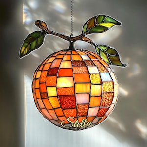 Orange Disco Ball Acrylic Suncatcher – Faux Stained Glass Fruit Window Hanging with Glitter Leaves, Funky Citrus Decor for Summer Vibes