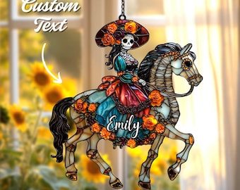 Dia De Los Muertos Catrina Suncatcher – Floral Skeleton Lady on Horse Acrylic Decor