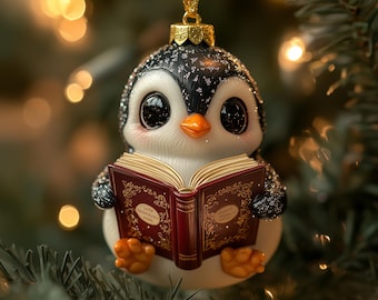 Gepersonaliseerde kerstversiering met een pinguïn die een boek leest, op maat gemaakte acryl winterdecoratie, leuk cadeau voor dierenliefhebbers