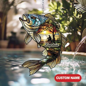 Acrylic Fisherman Suncatcher, Bass Fish Silhouette, Sunset Lake Scene Window Hanging