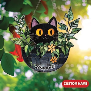 Personalized Black Cat Stained Glass Window Hanging, Custom Cat Name Plant Basket Decor, Cat Lover Gift