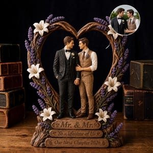 May include: A wedding cake topper featuring two grooms holding hands, framed by a heart-shaped wreath of lavender and white flowers. The base reads "Mr. & Mr." and "To a lifetime of Us". The sculpture is a romantic keepsake.