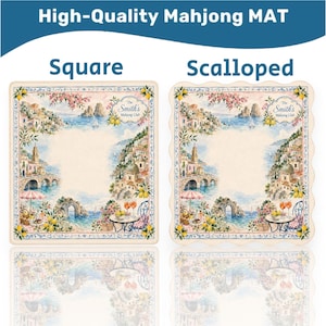 May include: Two mahjong mats, one square and one scalloped, featuring a scenic coastal design. The mats have a cream-colored center with a detailed illustration of a seaside village, bridges, and floral accents. The text "High-Quality Mahjong MAT" is at the top.