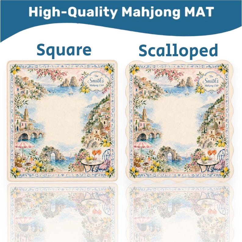 May include: Two mahjong mats, one square and one scalloped, featuring a scenic coastal design. The mats have a cream-colored center with a detailed illustration of a seaside village, bridges, and floral accents. The text "High-Quality Mahjong MAT" is at the top.