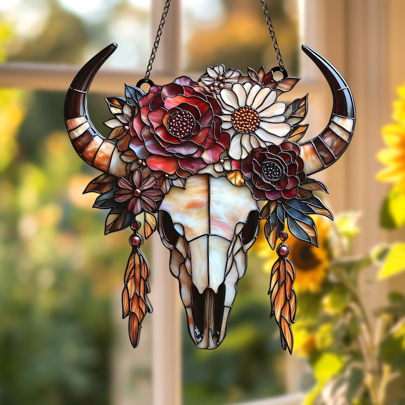 Floral Longhorn Skull Suncatcher - Boho Western Decor, Acrylic Window Hanging image 11