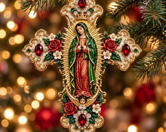 Gepersonaliseerd christelijk kruis van Onze Lieve Vrouw van Guadalupe, 3D-reliëfornament, katholieke kerstsouvenir met de Heilige Maagd Maria 2026