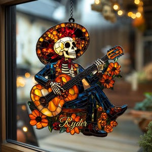 Day Of The Dead Mariachi Suncatcher – Skeleton Guitarist, Altar Decor