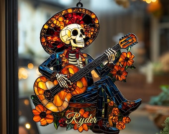 Day Of The Dead Mariachi Suncatcher – Skeleton Guitarist, Altar Decor