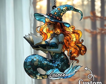 Attrape-soleil lisant une sorcière sirène – Faux vitrail, décoration d'Halloween