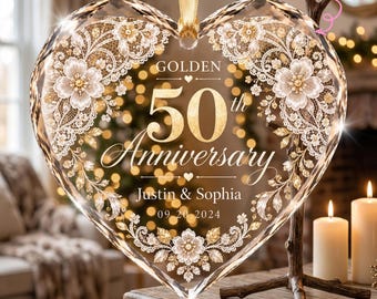 Kristallen glazen ornament voor het 50-jarig jubileum, gepersonaliseerd aandenken met de namen van het echtpaar en de datum 2026