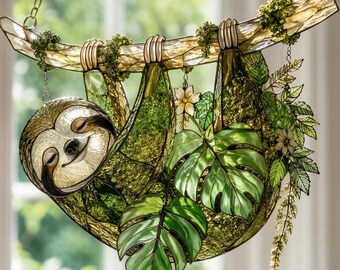 Glas-in-lood luiaard raamhanger, tropische jungle raamdecoratie, imitatie glas-in-lood dierenkunst, uniek natuurdecoratie cadeau
