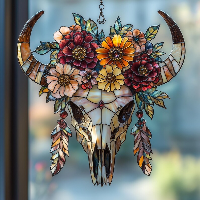 May include: Stained glass bull skull with a floral crown. The skull is cream-colored with brown accents, and the horns are a mix of brown and cream. The floral crown features red, orange, and yellow flowers with green leaves. Two decorative feathers hang below.