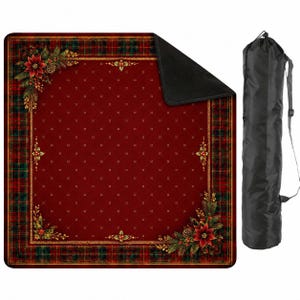 May include: A square outdoor blanket featuring a deep red center with a subtle diamond pattern, bordered by a red and green plaid design. The corners are decorated with poinsettia and pinecone motifs. A black carrying bag with a strap is included.