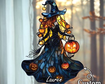 Personalized Halloween Witch Suncatcher, Custom Name Stained Glass Style Window Hanging, Spooky Season Decor