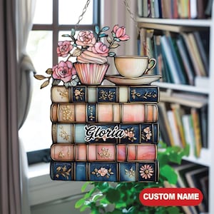 Personalized Book Stack Suncatcher, Custom Name Floral Bookshelf Decor, Stained Glass Style Window Hanging