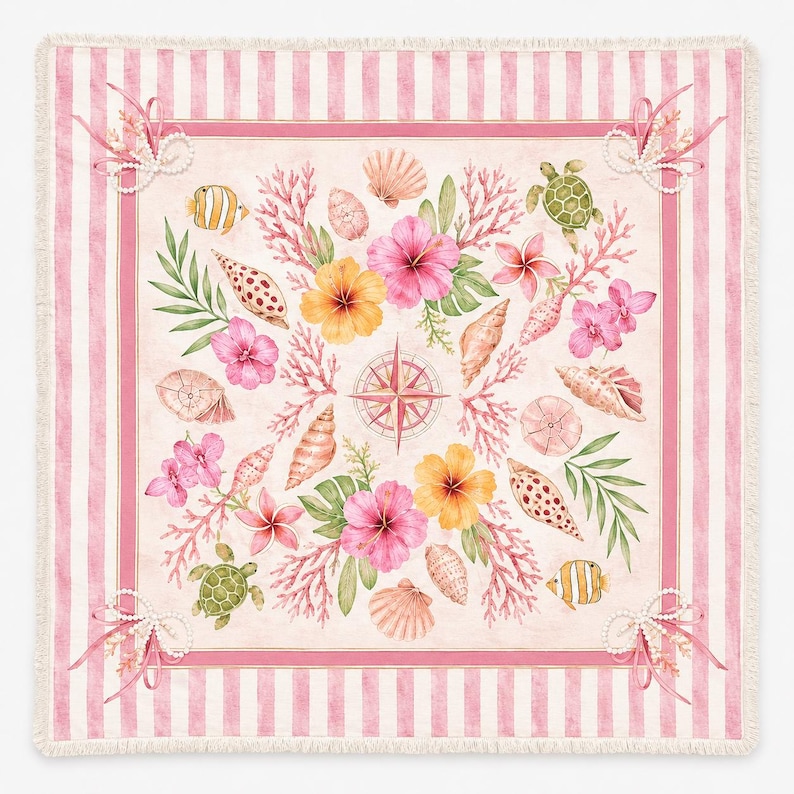 May include: A square, fringed blanket with a nautical theme. The design features pink and white stripes, a compass rose, seashells, coral, tropical flowers, and sea turtles. The color palette includes pink, yellow, green, and beige.
