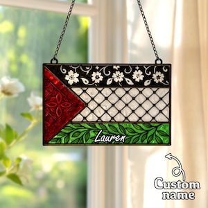 Vetrata personalizzata con bandiera palestinese, da appendere alla finestra, con nome personalizzato, arte palestinese, decorazione araba per la casa.