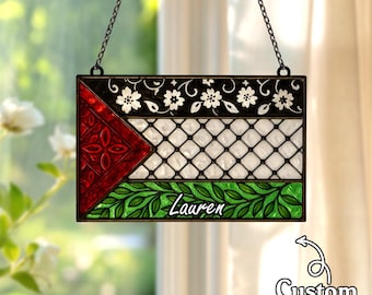 Personalized Palestine Flag Stained Glass Window Hanging, Custom Name Palestinian Art, Arabic Home Decor