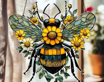 Daisy Bee Acrylic Suncatcher – Faux Stained Glass Garden Decor