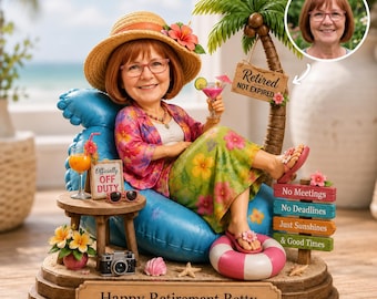 Personalized Retirement Bobblehead Figurine, Beach Theme Decor Keepsake, Funny Retirement Gift for Women