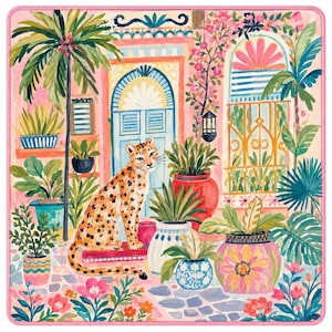 May include: A colorful painting of a spotted leopard sitting on a red mat in front of a light blue door. The scene is filled with various potted plants, including palm trees and flowers, set against a pink building with arched windows.