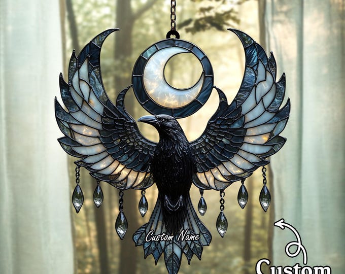 Crescent Moon Raven Suncatcher – Acrylic Faux Stained Glass, Witchy Decor