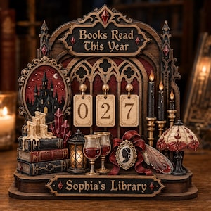 Może przedstawiać: Drewniany licznik książek z napisem "Books Read This Year" i "Sophia's Library". Licznik wyświetla "027". Zawiera miniaturowy obraz zamku, świece, kieliszki do wina i dekoracyjną lampę.