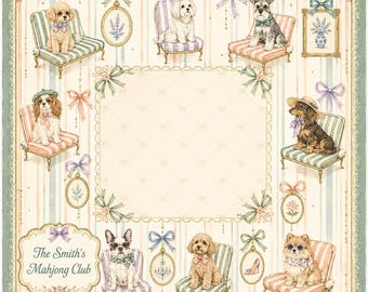 Whimsical Dog Mahjong Mat, Vintage Style Puppy Game Table Cover, Neoprene Playmat