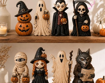 Figuras decorativas de Halloween, colección de personajes espeluznantes, lindos fantasmas, momias, brujas, vampiros, hombres lobo y la Parca.